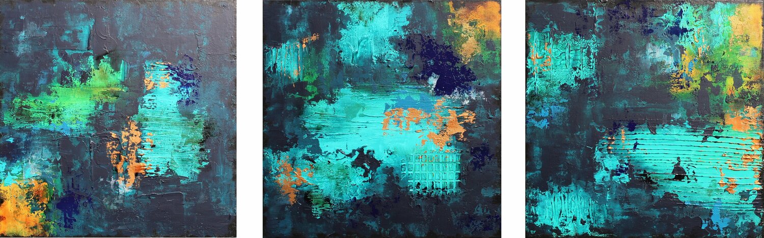 XXL Abstract Midnight River Triptych 150 x 50cm Textured Abstract Susan Wooler