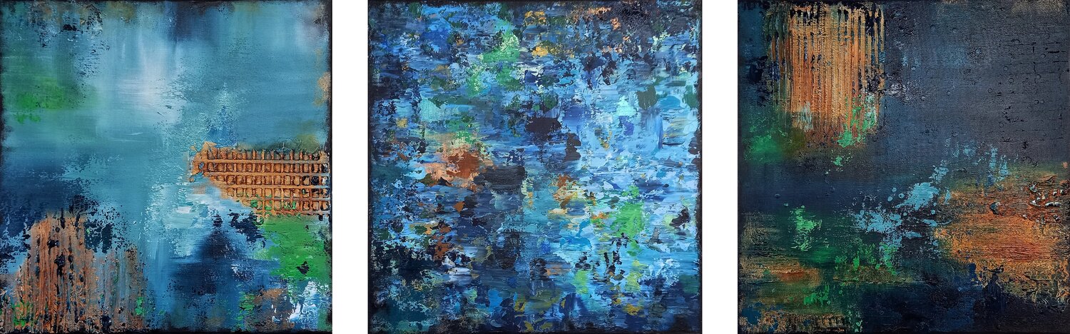 XXL Abstract Midnight River II Triptych 150 x 50cm Textured Abstract Susan Wooler Originalgemälde zu verkaufen