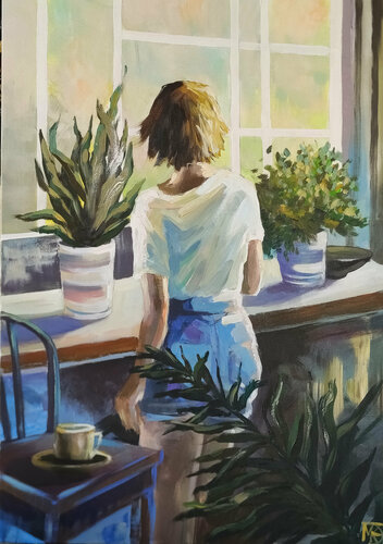 Girl with plants van Maria Kireev, Schilderij te koop op Singulart