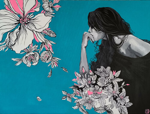 Brunette on blue with magnolias by Maria Kireev, 회화 for Sale on Singulart