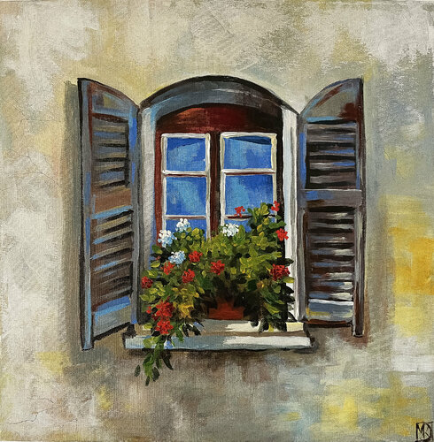 Geranium on the window de Maria Kireev, Pintura a la venta en Singulart