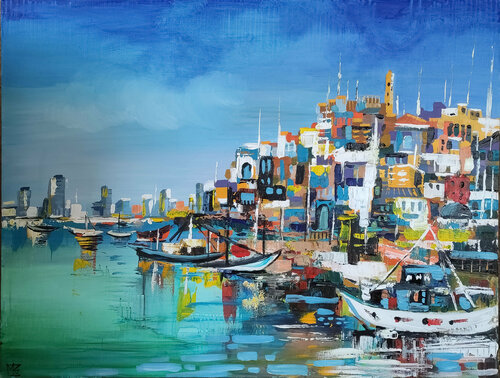 See view of the port of Jaffa, Tel Aviv von Maria Kireev, Malerei kaufen auf Singulart