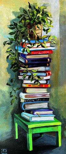 Still life with books and plants di Maria Kireev, Pittura in vendita su Singulart
