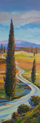 Lonely cypress by the road#2 di Maria Kireev, Pittura in vendita su Singulart