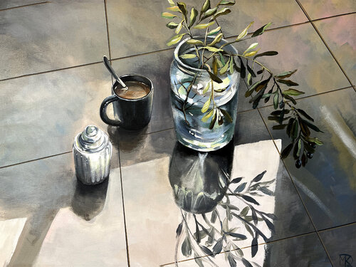 Still life an olive branch. by Maria Kireev, 회화 for Sale on Singulart