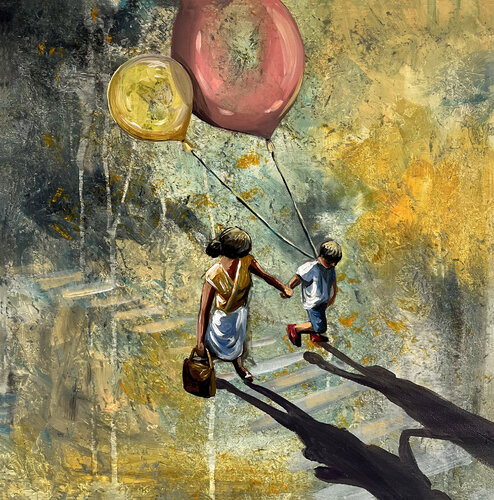 Mother. Child. Balloons van Maria Kireev, Schilderij te koop op Singulart