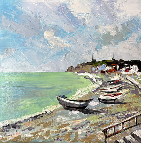 Resting bots in Etretat van Maria Kireev, Schilderij te koop op Singulart
