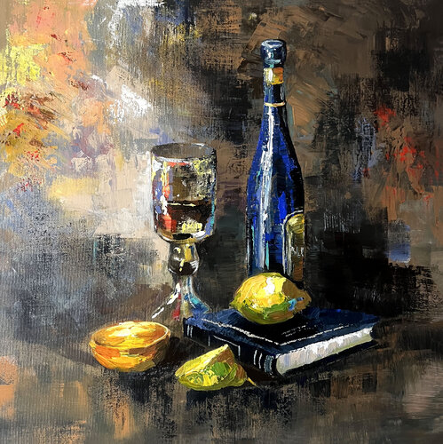 Still life with blue bottle von Maria Kireev, Malerei kaufen auf Singulart