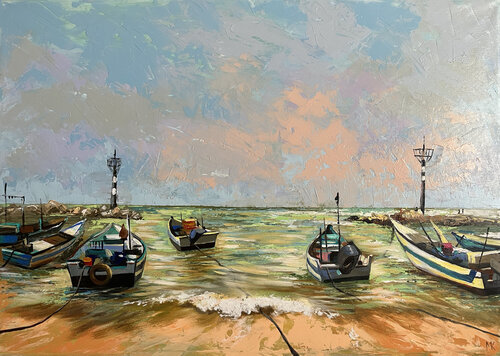 BOATS IN THE BEACH DOR von Maria Kireev, Malerei kaufen auf Singulart