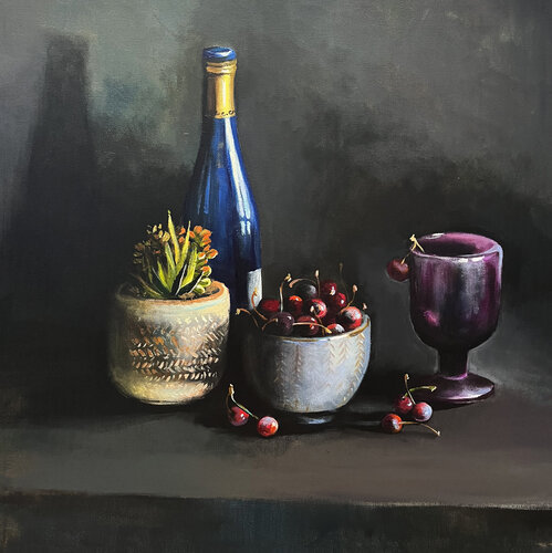 Still life with sherries  and blue bottle van Maria Kireev, Schilderij te koop op Singulart