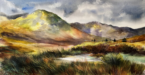 Watercolor hills of Scotland par Maria Kireev, Œuvre sur papier en vente sur Singulart