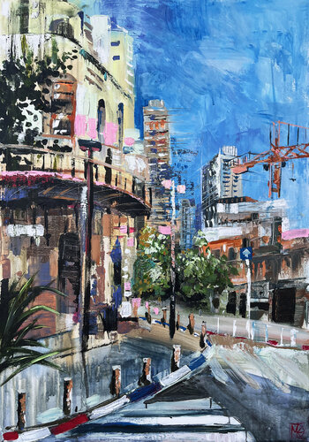 Sunlit Streets of Neve Tzedek par Maria Kireev, Peinture en vente sur Singulart