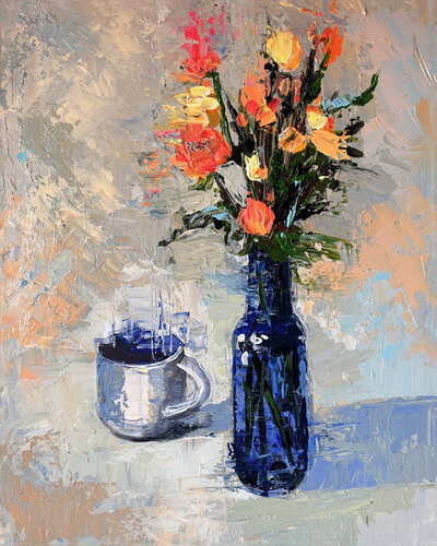 Blue Vessel and Morning Flowers von Maria Kireev, Malerei kaufen auf Singulart