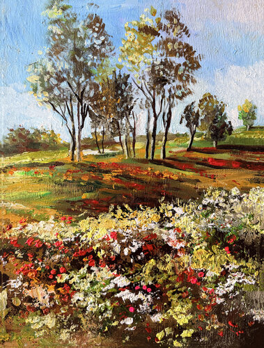 Field of Scarlet Blossoms van Maria Kireev, Schilderij te koop op Singulart