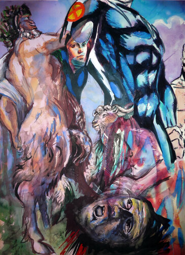 Holofernes trifft Pan und Superman van Heribert Heere, Schilderij te koop op Singulart