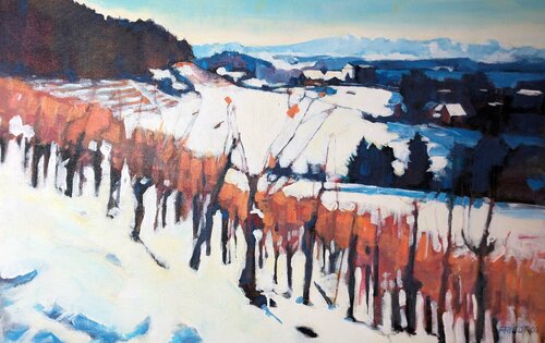 Weinreben im Schnee bei Feldbach van Richard Friedt, Schilderij te koop op Singulart