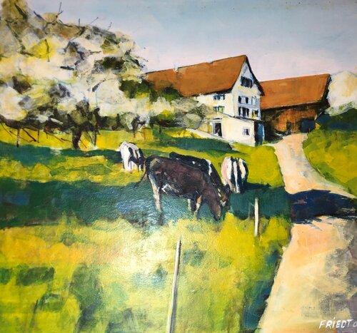 Weidende Kühe in Uerikon (Zürich Schweiz) von Richard Friedt, Malerei kaufen auf Singulart