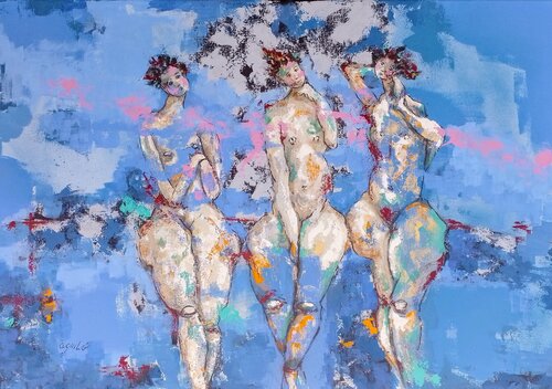 Las Tres Gracias de la Serie Las Piadosas. van Enriqueta Aguilo, Schilderij te koop op Singulart