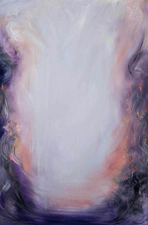 I told you to be free - Abstract purple mystical landscape painting Jennifer Baker