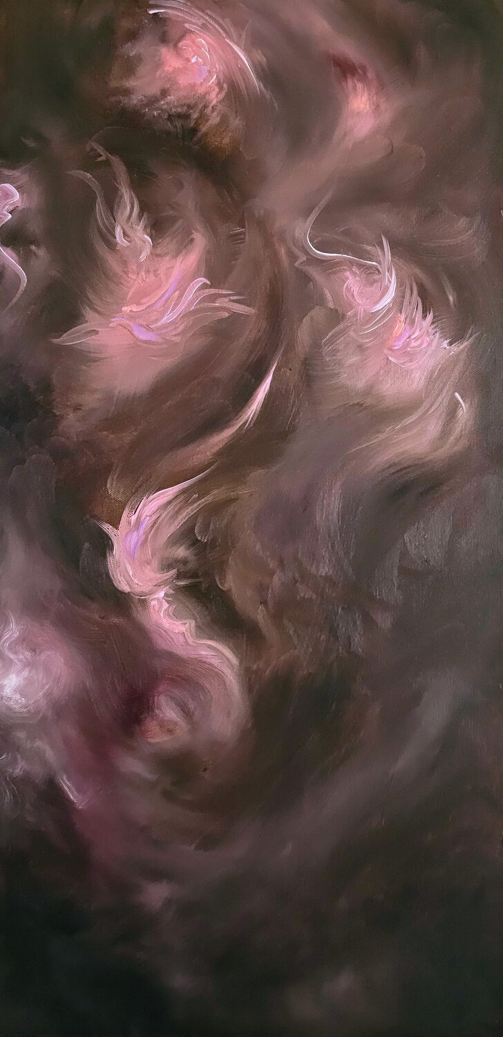 Lovers in the storm - Brown and pink abstract floral painting Jennifer Baker