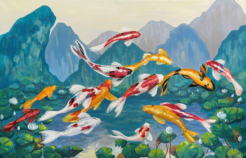 Koi carp rejoice at the dawn di Marina Beresneva, Pittura in vendita su Singulart