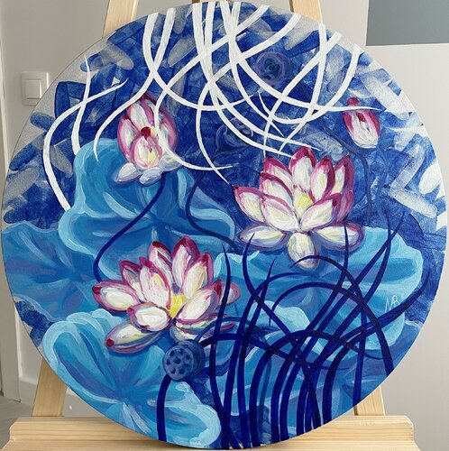 Four water lilies in the wind di Marina Beresneva, Pittura in vendita su Singulart