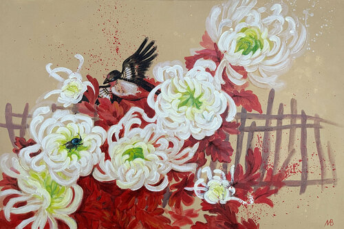 Swallow and scarab on a chrysanthemum bush di Marina Beresneva, Pittura in vendita su Singulart