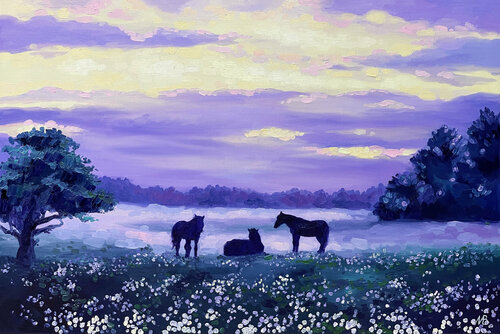 Three horses at the edge of the forest van Marina Beresneva, Schilderij te koop op Singulart