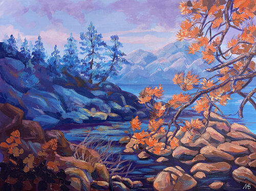 Evening lake in the mountains van Marina Beresneva, Schilderij te koop op Singulart