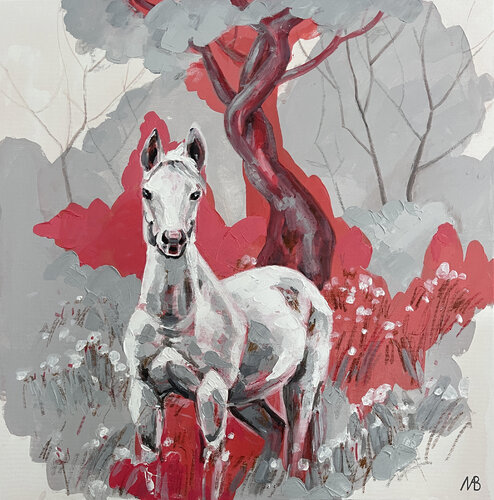 A white horse in a red field Marina Beresneva