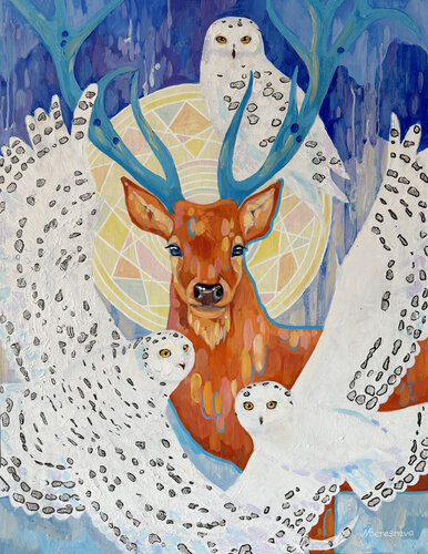 Reindeer and polar owls van Marina Beresneva, Schilderij te koop op Singulart