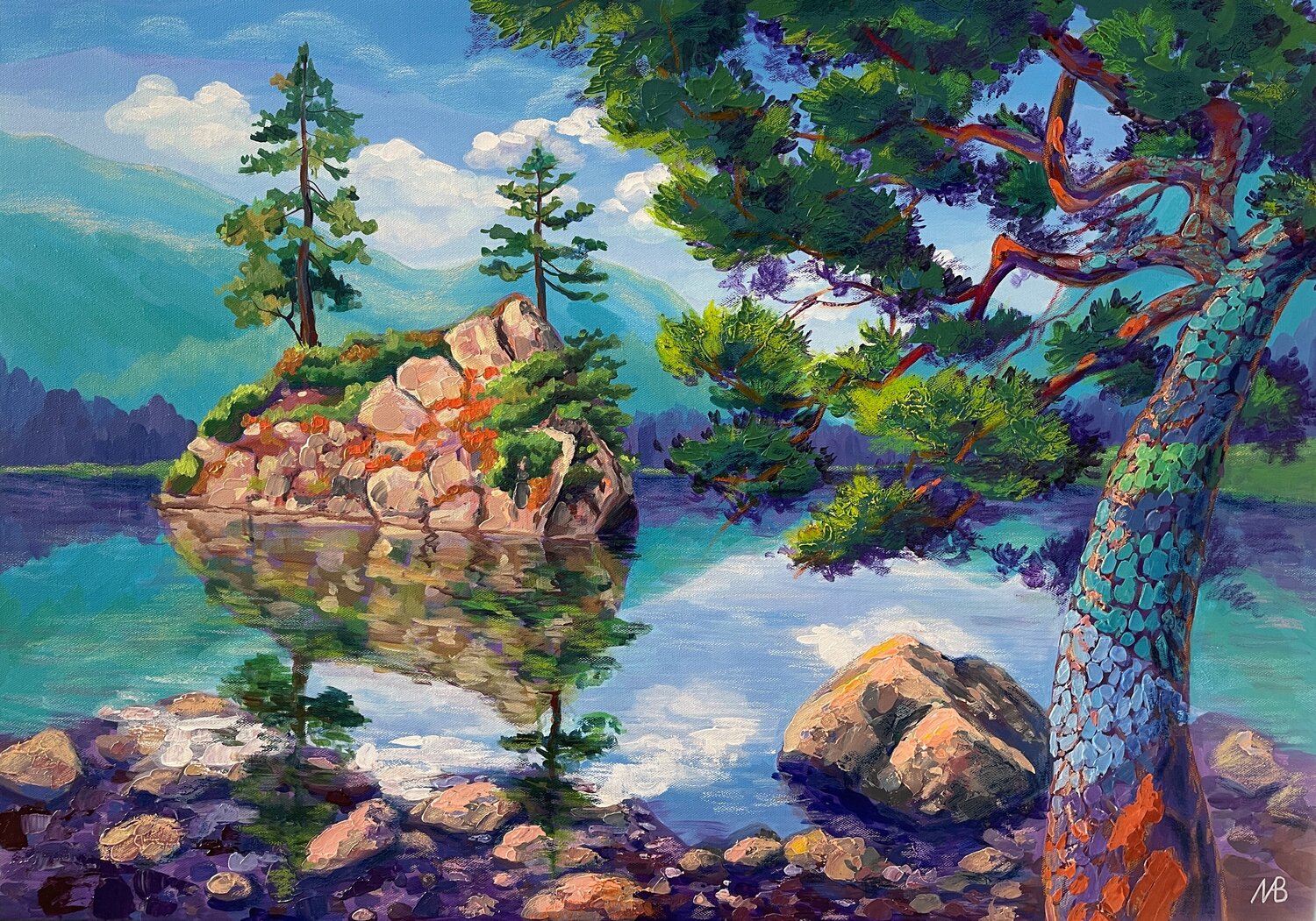 Three pine trees by the lake Marina Beresneva