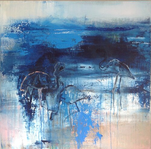 The Flamingo meeting in blue di Hennie Van De Lande, Pittura in vendita su Singulart
