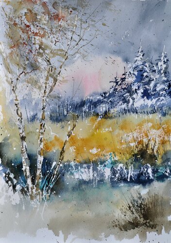 Quelques bouleaux  - aquarelle 45319020 van Pol Ledent, Werk op papier te koop op Singulart