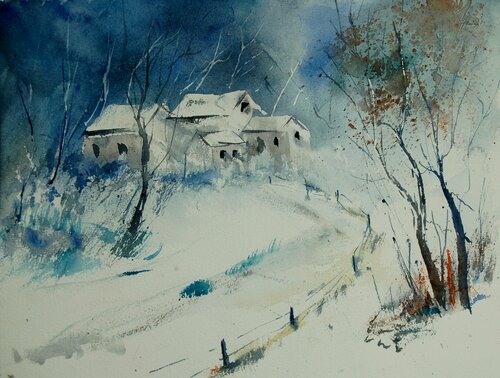 A few houses in winter - watercolor 905001 Pol Ledent