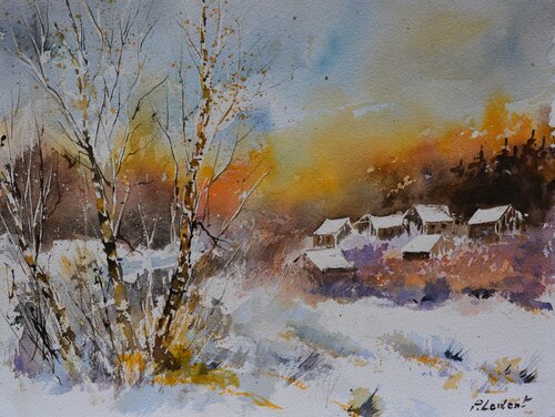 A few houses in winter - watercolor 2021 von Pol Ledent, Werk auf Papier kaufen auf Singulart