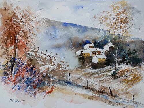 A remote village  - watercolor 902091 van Pol Ledent, Werk op papier te koop op Singulart