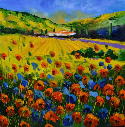 Red poppies in Tuscany by Pol Ledent, 회화 for Sale on Singulart
