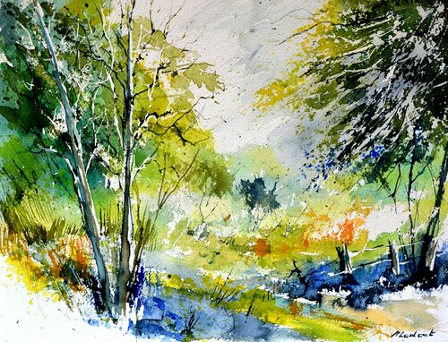 Light in the wood  - watercolor van Pol Ledent, Werk op papier te koop op Singulart