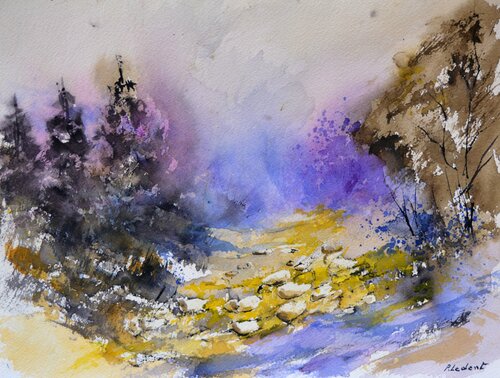 Yellow path - watercolor di Pol Ledent, Opera su carta in vendita su Singulart
