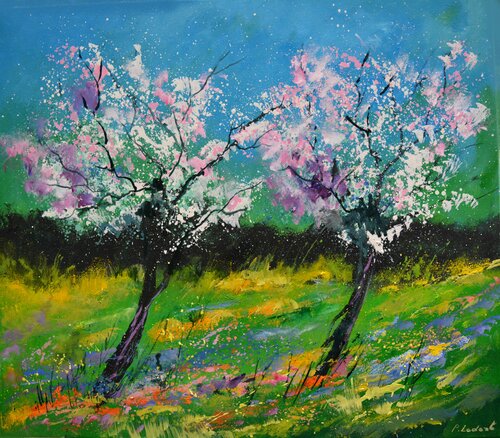 Two trees in spring di Pol Ledent, Pittura in vendita su Singulart