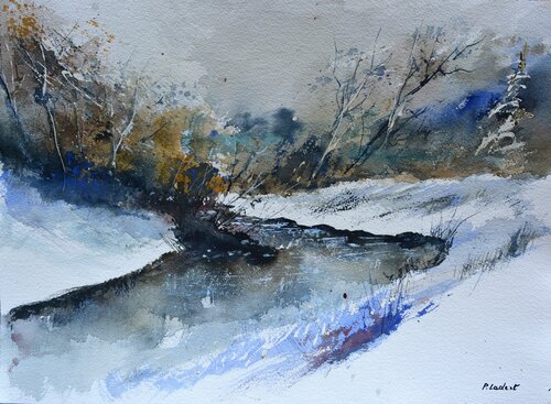 River in winter- aquarelle van Pol Ledent, Werk op papier te koop op Singulart
