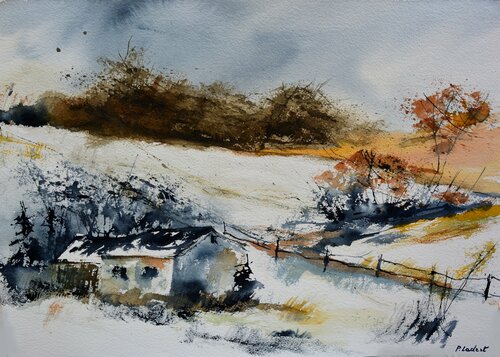 A few houses in winter- aquarelle di Pol Ledent, Opera su carta in vendita su Singulart