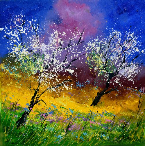 Two apple trees in spring   552021 di Pol Ledent, Pittura in vendita su Singulart