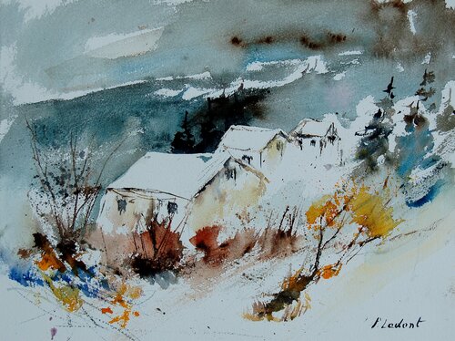 A few houses in winter  - watercolor9090723 di Pol Ledent, Opera su carta in vendita su Singulart