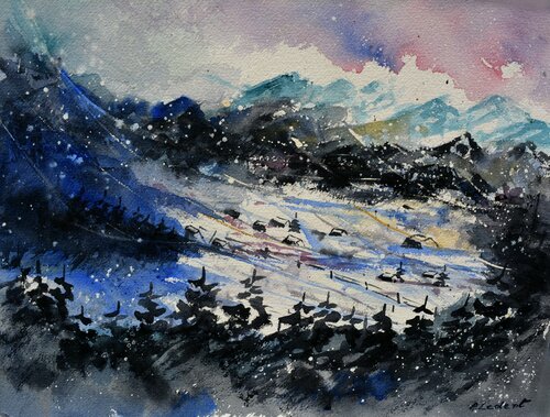 A snowy village in the mountains  -watercolor Pol Ledent