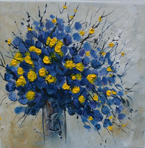 Still life blue and yellow   - 442021 di Pol Ledent, Pittura in vendita su Singulart