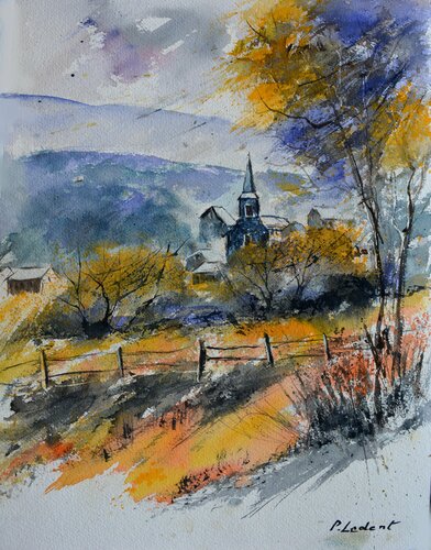A peaceful village in my countryside     -watercolor di Pol Ledent, Opera su carta in vendita su Singulart