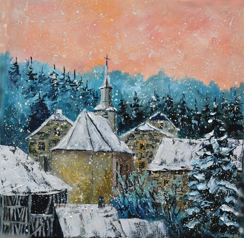 Snow in Laforêt  Belgian village van Pol Ledent, Schilderij te koop op Singulart