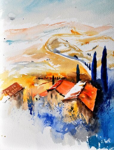 A Provence scenery    -watercolor de Pol Ledent, Obra en papel a la venta en Singulart